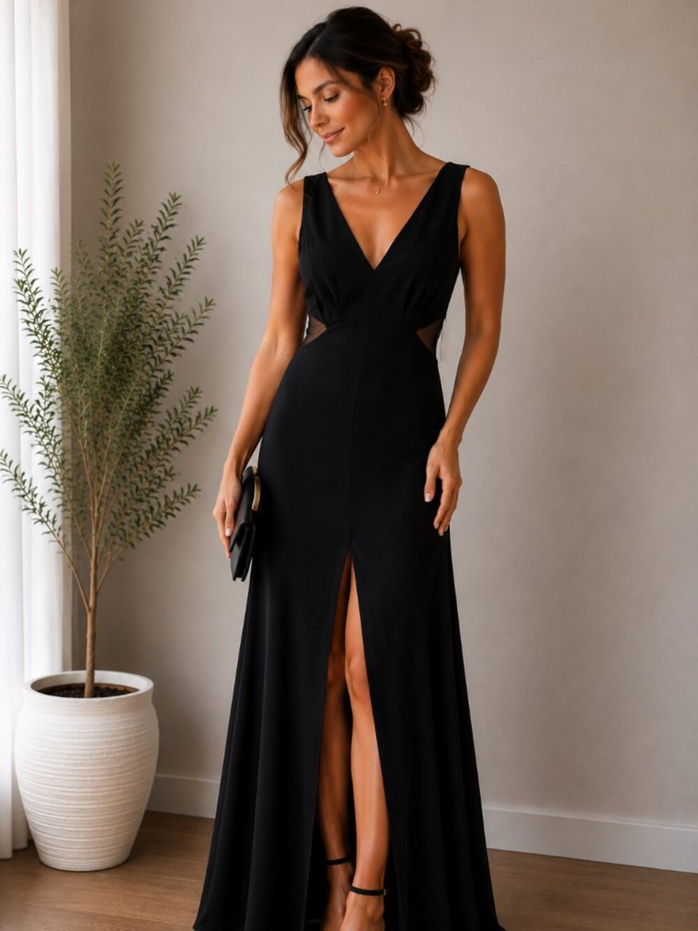 NWT Xscape Black Mesh Cutout Front Slit Maxi Dress Small